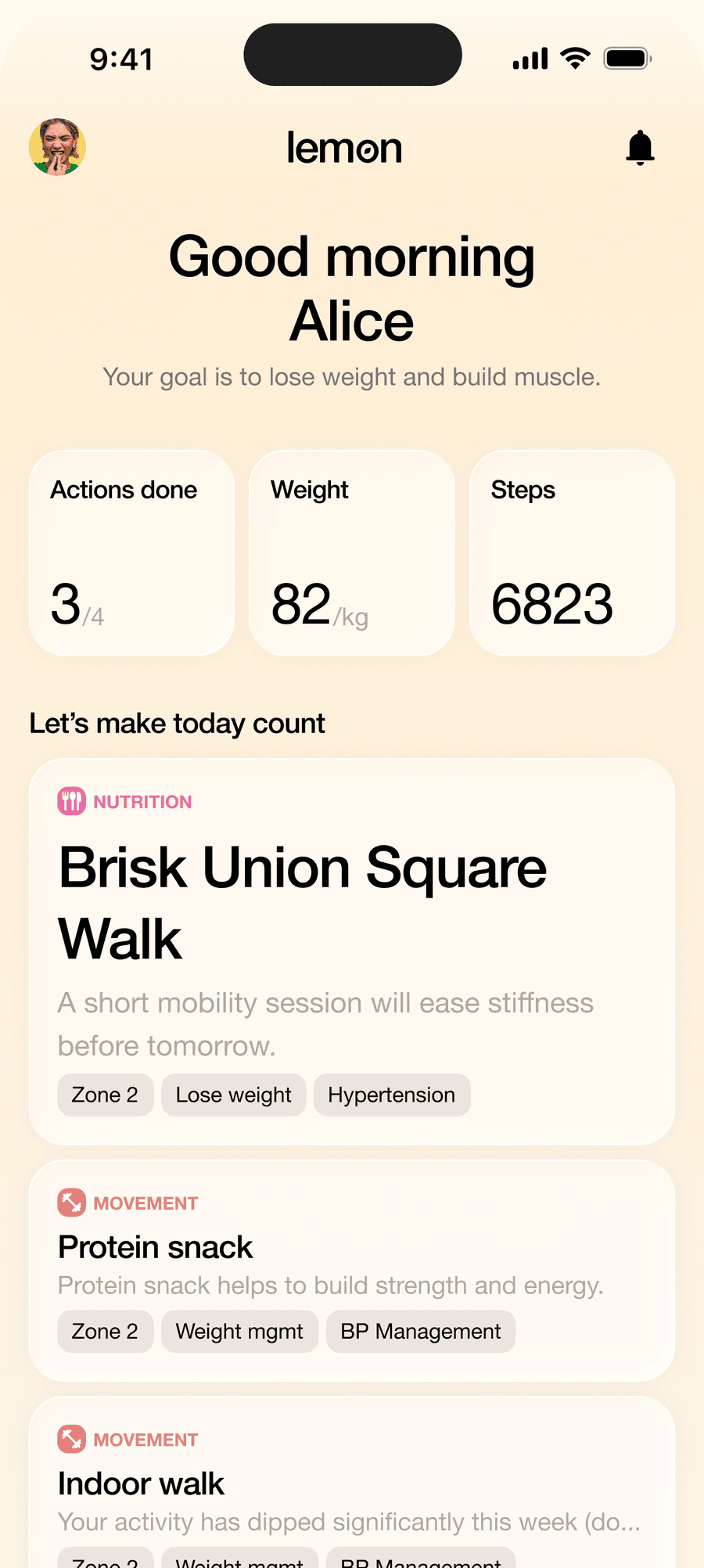 Lemon Health app home screen showing today's personalized actions and progress